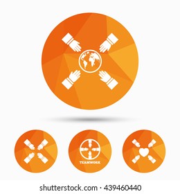 Teamwork icons. Helping Hands with globe and heart symbols. Group of employees working together. Triangular low poly buttons with shadow. Vector
