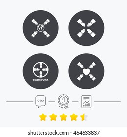 Teamwork icons. Helping Hands with globe and heart symbols. Group of employees working together. Chat, award medal and report linear icons. Star vote ranking. Vector
