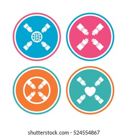Teamwork icons. Helping Hands with globe and heart symbols. Group of employees working together. Colored circle buttons. Vector