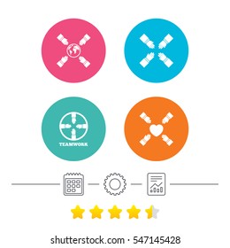 Teamwork icons. Helping Hands with globe and heart symbols. Group of employees working together. Calendar, cogwheel and report linear icons. Star vote ranking. Vector
