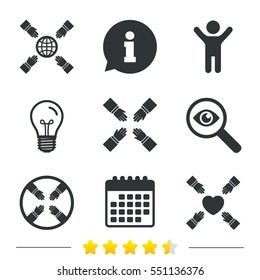 Teamwork icons. Helping Hands with globe and heart symbols. Group of employees working together. Information, light bulb and calendar icons. Investigate magnifier. Vector