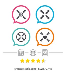 Teamwork icons. Helping Hands with globe and heart symbols. Group of employees working together. Calendar, internet globe and report linear icons. Star vote ranking. Vector