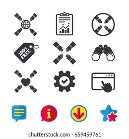 Teamwork icons. Helping Hands with globe and heart symbols. Group of employees working together. Browser window, Report and Service signs. Binoculars, Information and Download icons. Stars and Chat