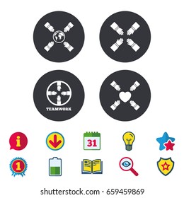 Teamwork icons. Helping Hands with globe and heart symbols. Group of employees working together. Calendar, Information and Download signs. Stars, Award and Book icons. Light bulb, Shield and Search