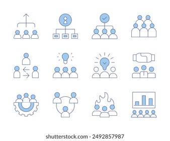 Teamwork icons. Line Duotone style, editable stroke. teamwork, team management, creative team, crowd, idea, mediator, presentation, structure, motivation, intermediary.