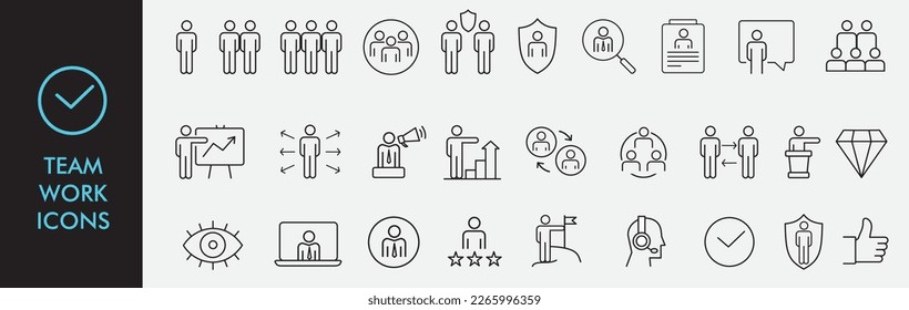 Teamwork icons in line style. Team, business people, human resources, collaboration, research, meeting, partnership, support, businessman. Collection. Vector