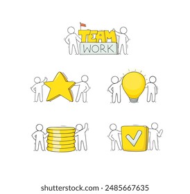 Teamwork icons with people work in team. Business concept with doodle symbols of idea success, partnership. Sketch characters with light bulb, star, gold coins and check mark, vector illustration