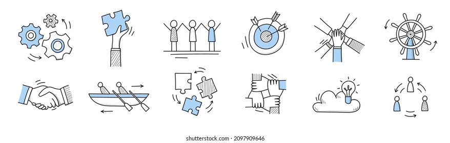 Teamwork icons with people work together, business target, puzzle pieces, handshake and steering wheel. Vector doodle set of team, partnership and organization concept