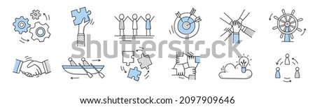 Teamwork icons with people work together, business target, puzzle pieces, handshake and steering wheel. Vector doodle set of team, partnership and organization concept