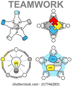 Teamwork icons planning business, launching idea. People brainstorming, meeting and teambuilding, startup. Colleagues start project work technology progress management, innovative business development