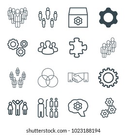 Teamwork icons. set of 16 editable outline teamwork icons such as gear, puzzle, structure, group, user group, group of people and man celebrating victory, handshake