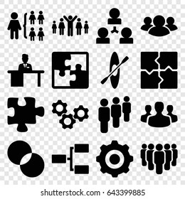Teamwork icons set. set of 16 teamwork filled icons such as puzzle, structure, circle intersection, group, man working at the table, rowing, user group, gear    sign symb