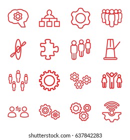 Teamwork icons set. set of 16 teamwork outline icons such as gear, puzzle, structure, gear    sign symb, user communicatrion, pendulum, rowing