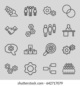 Teamwork icons set. set of 16 teamwork outline icons such as group, circle intersection, gear, man working at the table, handshake, structure
