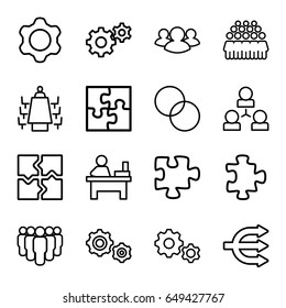 Teamwork icons set. set of 16 teamwork outline icons such as puzzle, table, circle intersection, group, gear, meeting, gear    sign symb