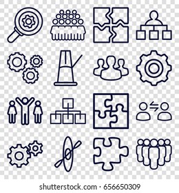 Teamwork icons set. set of 16 teamwork outline icons such as structure, puzzle, group, gear, user group, gear    sign symb, user communicatrion, pendulum, rowing