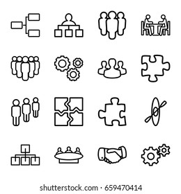 Teamwork icons set. set of 16 teamwork outline icons such as handshake, structure, puzzle, group, gear, meeting, user group