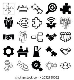 Teamwork icons. set of 25 editable filled and outline teamwork icons such as table, puzzle, gear, gear connection, handshake, pendulum, group