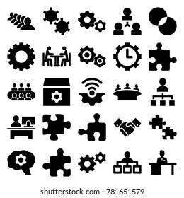 Teamwork icons. set of 25 editable filled teamwork icons such as gear, structure, group, puzzle, circle intersection, gear connection, man working at the table, meeting