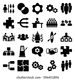 teamwork icons set. Set of 25 teamwork filled icons such as handshake, structure, puzzle, circle intersection, group, man working at the table, meeting, rowing, gear