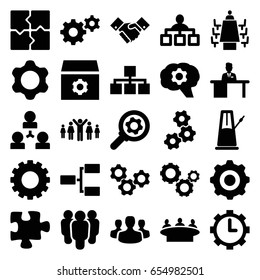 Teamwork icons set. set of 25 teamwork filled icons such as gear, structure, puzzle, group, man working at the table, meeting, clock in gear, handshake, user group