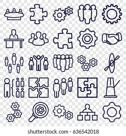 Teamwork icons set. set of 25 teamwork outline icons such as gear, puzzle, handshake, structure, group, man working at the table, user group, gear    sign symb, pendulum