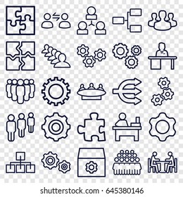 Teamwork icons set. set of 25 teamwork outline icons such as gear, group, puzzle, table, man working at the table, meeting, structure, user group, gear    sign symb