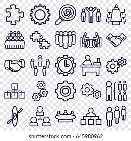 Teamwork icons set. set of 25 teamwork outline icons such as gear, puzzle, handshake, structure, group, table, meeting, clock in gear, gear    sign symb, rowing