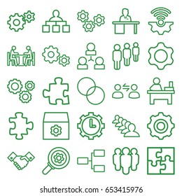 Teamwork icons set. set of 25 teamwork outline icons such as puzzle, structure, group, table, gear, circle intersection, man working at the table, meeting, clock in gear