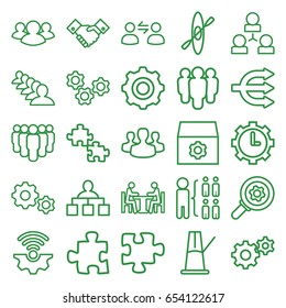 Teamwork icons set. set of 25 teamwork outline icons such as structure, group, gear, puzzle, meeting, clock in gear, handshake, user group, user communicatrion, pendulum