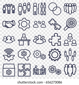 Teamwork icons set. set of 25 teamwork outline icons such as gear, handshake, puzzle, structure, circle intersection, group, man working at the table, meeting, user group