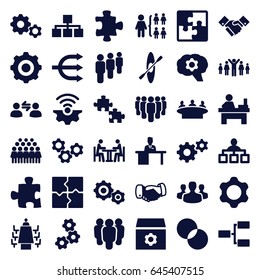 Teamwork icons set. set of 36 teamwork filled icons such as puzzle, handshake, structure, group, table, gear, circle intersection, man working at the table, meeting, rowing