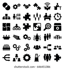 Teamwork icons set. set of 36 teamwork filled icons such as gear, puzzle, structure, group, table, circle intersection, man working at the table, meeting, clock in gear