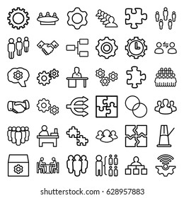 Teamwork icons set. set of 36 teamwork outline icons such as gear, puzzle, handshake, structure, group, table, circle intersection, man working at the table, meeting