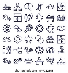 Teamwork icons set. set of 36 teamwork outline icons such as gear, puzzle, handshake, structure, group, table, circle intersection, man working at the table, meeting