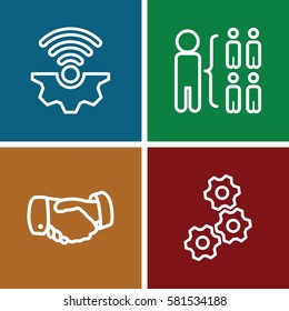 teamwork icons set. Set of 4 teamwork outline icons such as handshake, structure, gear