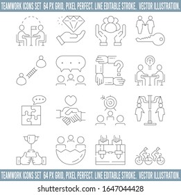 Teamwork icons Set  64 px Grid, Pixel Perfect. Line Editable Stroke.  Vector Illustration.