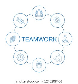 teamwork icons. Set of 8 line teamwork icons included meeting, group, gear, puzzle, clock in gear, structure on circle background. Editable teamwork icons for web, mobile and infographics.