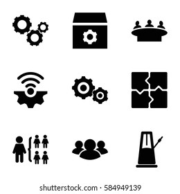 teamwork icons set. Set of 9 teamwork filled icons such as puzzle, group, gear, structure, gear    sign symb, pendulum