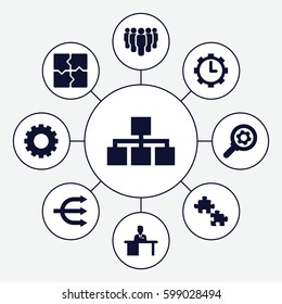 teamwork icons set. Set of 9 teamwork filled icons such as gear, puzzle, man working at the table, clock in gear, group