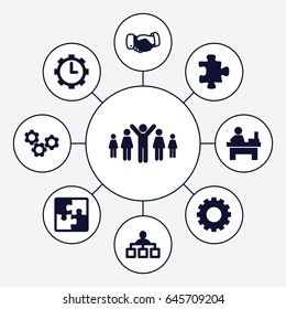 Teamwork icons set. set of 9 teamwork filled icons such as gear, puzzle, handshake, structure, table, clock in gear