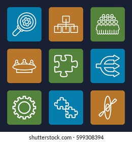 teamwork icons set. Set of 9 teamwork outline icons such as gear, group, puzzle, rowing