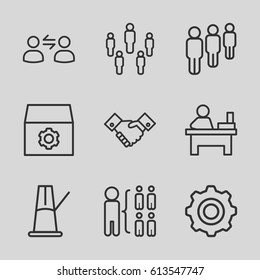 Teamwork icons set. set of 9 teamwork outline icons such as table, gear, structure, handshake, gear    sign symb, user communicatrion, pendulum