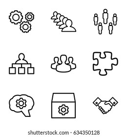 Teamwork icons set. set of 9 teamwork outline icons such as structure, group, gear, puzzle, handshake