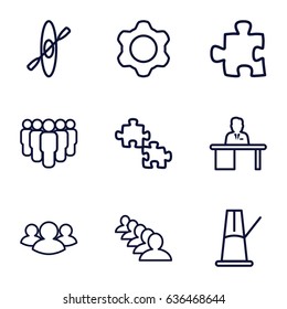 Teamwork icons set. set of 9 teamwork outline icons such as group, man working at the table, gear, pendulum, rowing