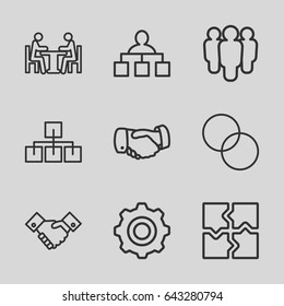 Teamwork icons set. set of 9 teamwork outline icons such as handshake, structure, puzzle, circle intersection, meeting, gear    sign symb