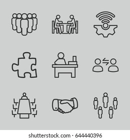 Teamwork icons set. set of 9 teamwork outline icons such as handshake, table, meeting, user communicatrion, puzzle, gear connection