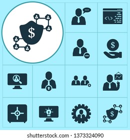Teamwork icons set with add team, team schedule, upward leveling and other leader elements. Isolated vector illustration teamwork icons.