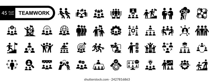 Teamwork-Symbole gesetzt. Business-Teamarbeit, Teambuilding, Arbeitsgruppe und Personal Web-Icon-Set. Vektorgrafik.