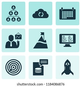 Teamwork icons set with calendar, team schedule, online task board and other synchronize data elements. Isolated vector illustration teamwork icons.